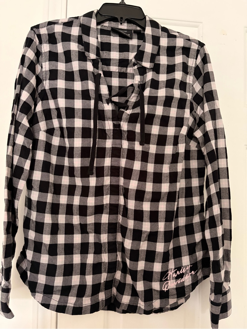 Harley-Davidson Black, White, & Light Pink Check Plaid Button-Down Shirt